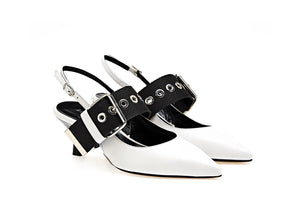White and black buckle, heels.